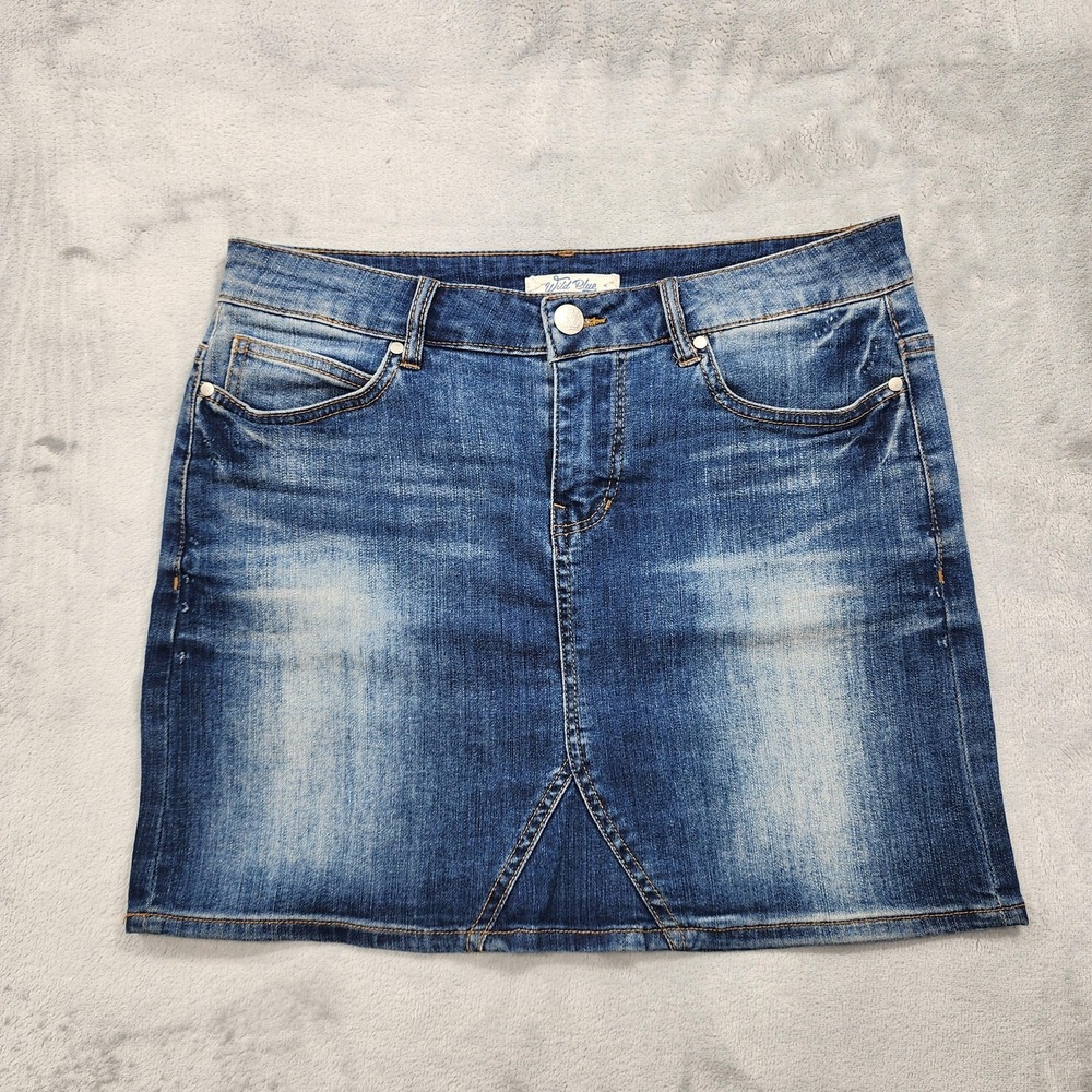 Wild Blue Skirt Womens M Blue Denim Mini Faded Stretch 5 Pocket‎ Casual Summer